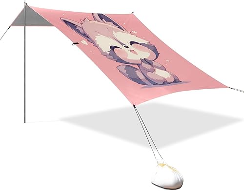 Toldo de playa plegable con diseño de mapache de dibujos animados, UPF50+, resistente al agua, con bolsillos de arena para campamento, pícnic, patio