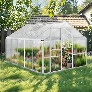 Gegaden Alu Gewächshaus für den Garten | Mit 8 cm dickeres Fundament |301*238*195 cm | Vielseitig nutzbar als Treibhaus, Gartenhaus, Aufzucht Tomatenhaus, Frühbeet und Pflanzenhaus, Silber