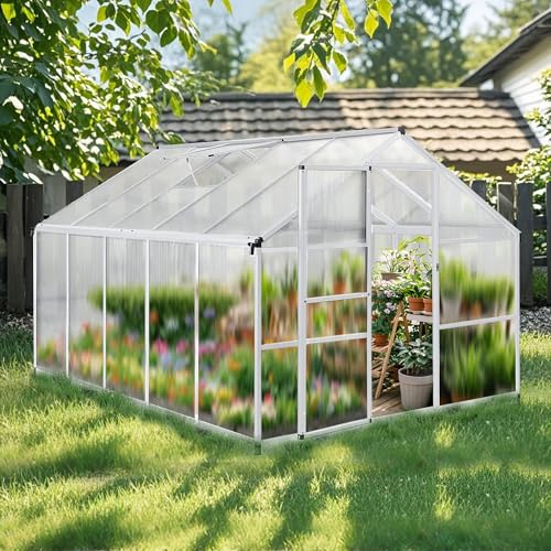 Gegaden Alu Gewächshaus für den Garten | Mit 8 cm dickeres Fundament |301*238*195 cm | Vielseitig nutzbar als Treibhaus, Gartenhaus,Aufzucht Tomatenhaus,Frühbeet und Pflanzenhaus, Silber