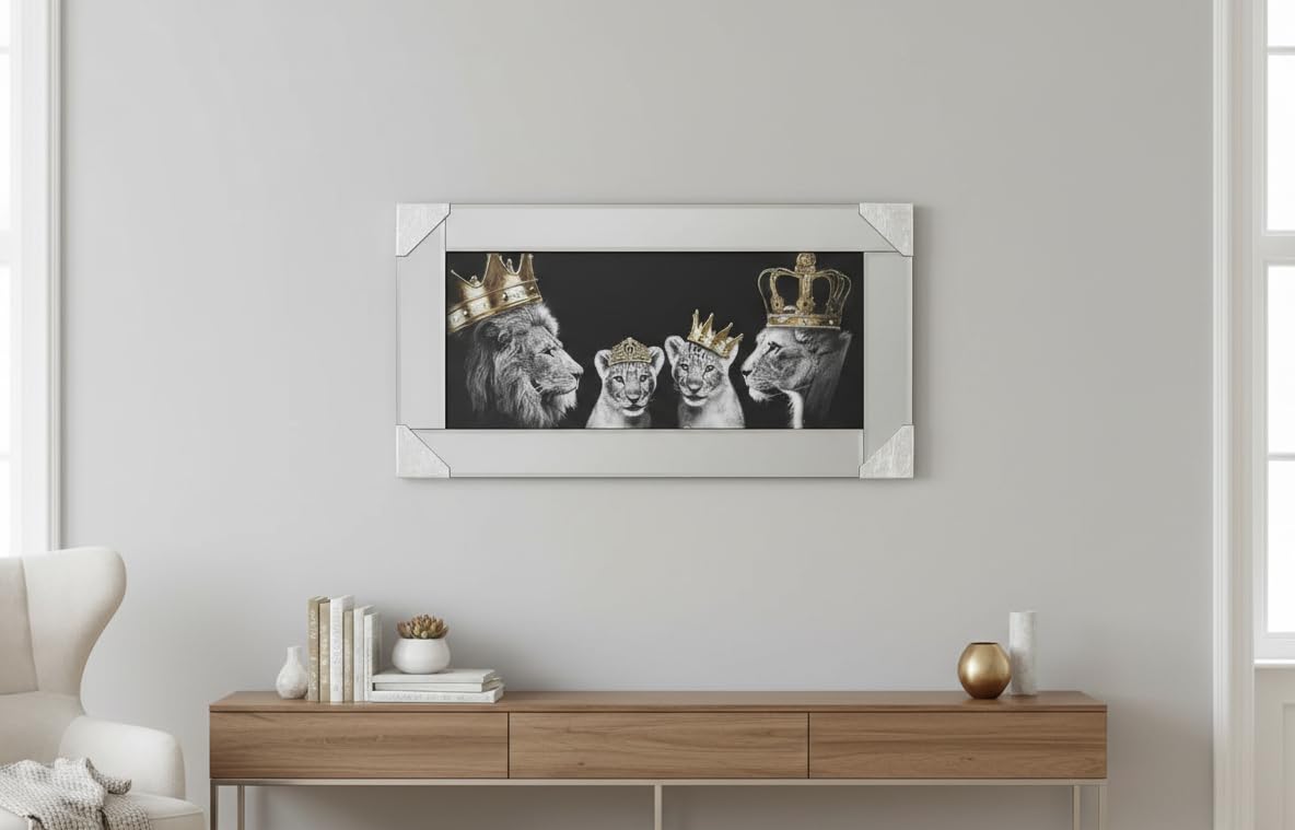 Biznest 3D Liquid Glitter Art Work Mirrored Frame Lion Royal Family Golden Crown Diamante Wall Hung Glass King Queen Cubs Black Gold Landscape 85 X 45 Cm (KING & QUEEN WITH 1X GIRL 1X BOY)