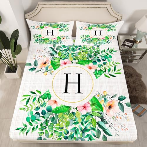 Initial Letter H Fitted Sheet Twin Size 2 Pcs,Natural Wild Green Leaves Decor Bedding Sets for Kids Teens Adults,Watercolor Flowers Plants Rustic Style Bed Cover with 1 Pillowcase(No Flat Sheet)