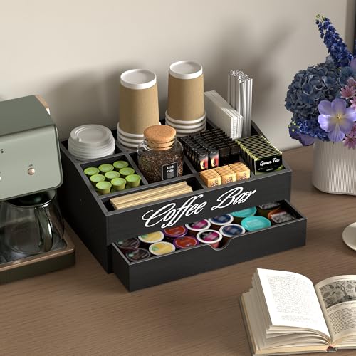 Suli Coffee Bar Station Organizer,Extra Large Wooden Countertop Pods Holder with Drawer,Storage for Condiment Syrup Tea Cups,Rustic Bar Decor for Accessories Organizer (2 Tiers 11 Compartments)-Black by Suli - Image 6