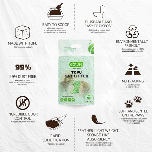 Image of Cature Care by Nature Tofu Cat Litter Natural Flushable Clumping Litter Plant Based Biodegradable Ultra Odour Control 99% Dust Free Low Tracking Cat Litter (Green Tea, 6L, Pack6)