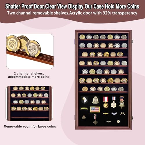 Image of Jinchuan Military Challenge Coin Display Case Lockable Cabinet Shadow Box with Removable 2 Grooves Shelves and Anti-Fade Acrylic Glass for Casino Poker Chips Collectibles, Extra Large - Mahogany