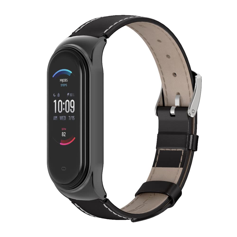 MIJOBS Genuine Leather Replacement Strap for Amazfit Band 5 Smart Bracelet Watch Wrist Band Accessories