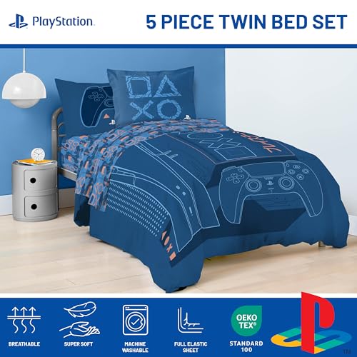 Image of Jay Franco Kids Bed Set, Blue, PlayStation, 5 Piece Twin | Cozy Soft Bedding for Stylish Room Decor with Comforter, Sheets & Pillow Covers