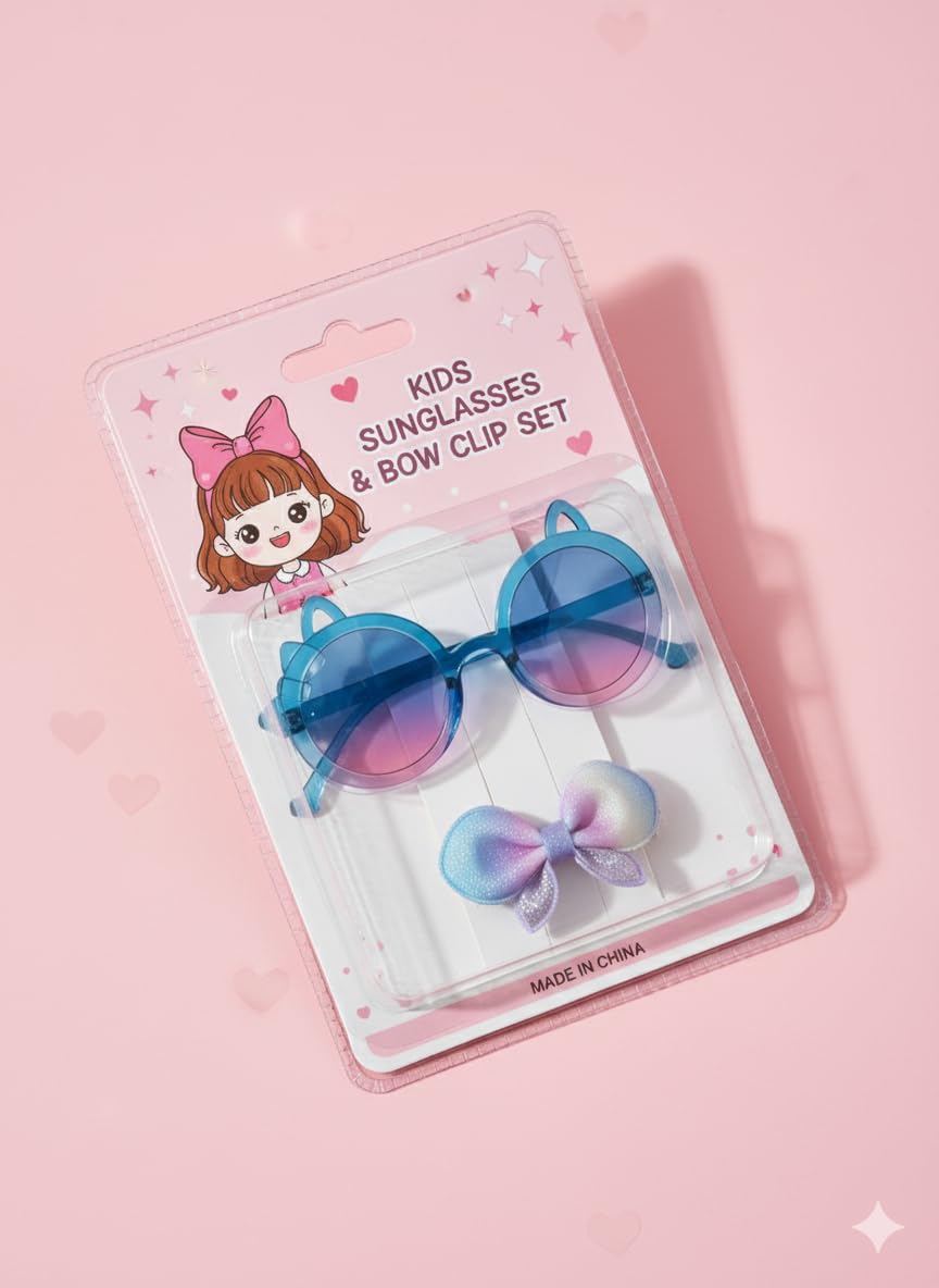 Baby Girls Cat Shape Sunglasses & Bow Hair Clip Set β Blue & Pink Stylish Matching Combo, 1 Sunglass + 1 Clip 3