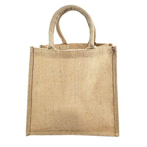 TBF Jute Burlap Tote Bags Soft Cotton Handles Laminated Interior Reusable Grocery Shopping Bags w/Full Gusset Bags (Pack of 6, Medium - 12