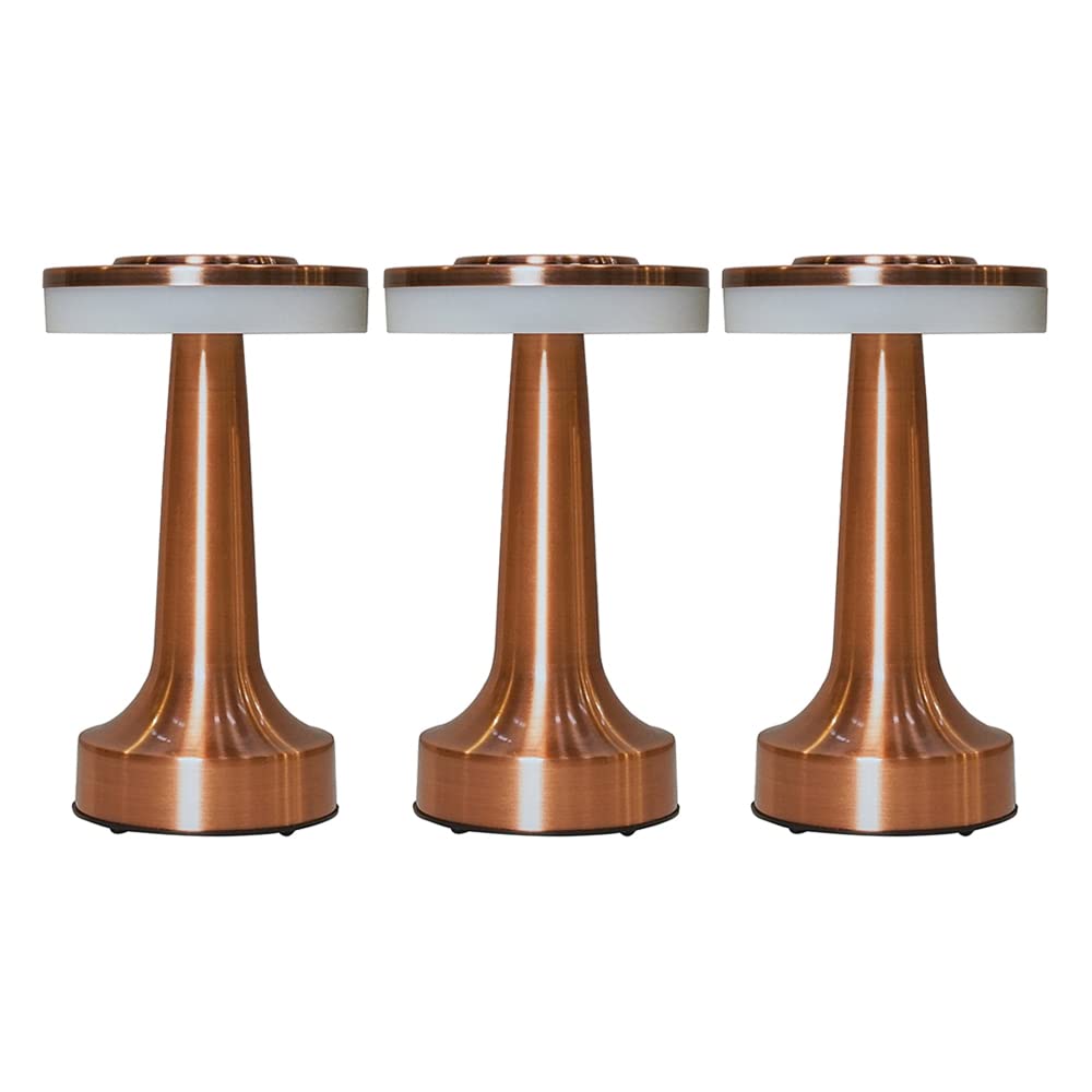 MiniSun | Contemporary Wireless Copper Touch Table Lamps with Integrated Rechargeable LED Mood Light | Home Décor, Bedside & Desk Lamp | Set of 3