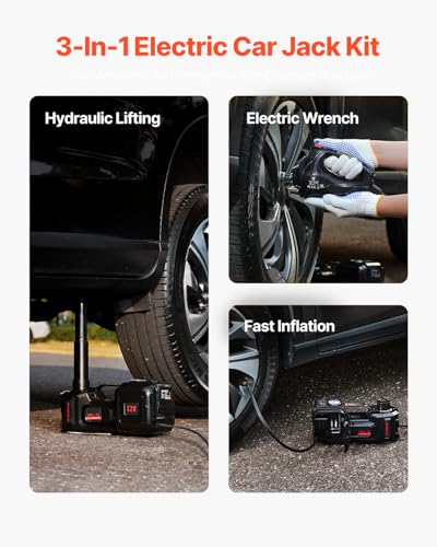 Image of VEVOR Electric Car Jack, 5 Tons /11000 lbs, Scissor Jack with Built-in Inflator, 12V Tire Change Replacement with Impact Wrench & LED Light, Portable Jack kit for Sedan, SUV, Truck
