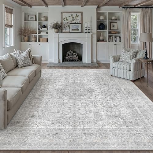 Teppich Wohnzimmer 300x400cm Waschbarer Vintage Grau Wohnzimmerteppich kurzflor rutschfest Weich Groß XXL Retro Carpet für Schlafzimmer Esszimmer Bedroom Büro Living Room Frost's Shadow | Gr