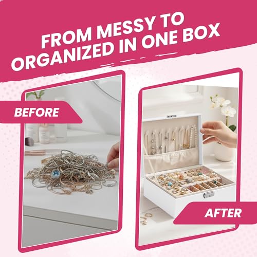 Image of OCEANEVO Jewellery Organiser Box WITH Makeup Sponge, Jwell Organizer Storage Box with Lock, Earrings, Necklace Organizer for Women - 23 x 17 x 8.5 Cm - White - 1 Year Warranty