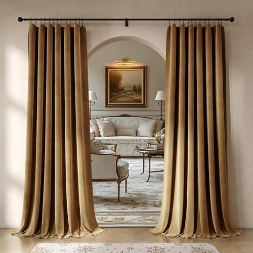 Image of Beauoop Golden Brown Velvet Curtains 108 Inches Long 2 Panels for Bedroom Living Room Soft Luxury Room Darkening Thermal Insulated Soundproof Rod Pocket Window Treatments Drapes, 52X108 Set of 2