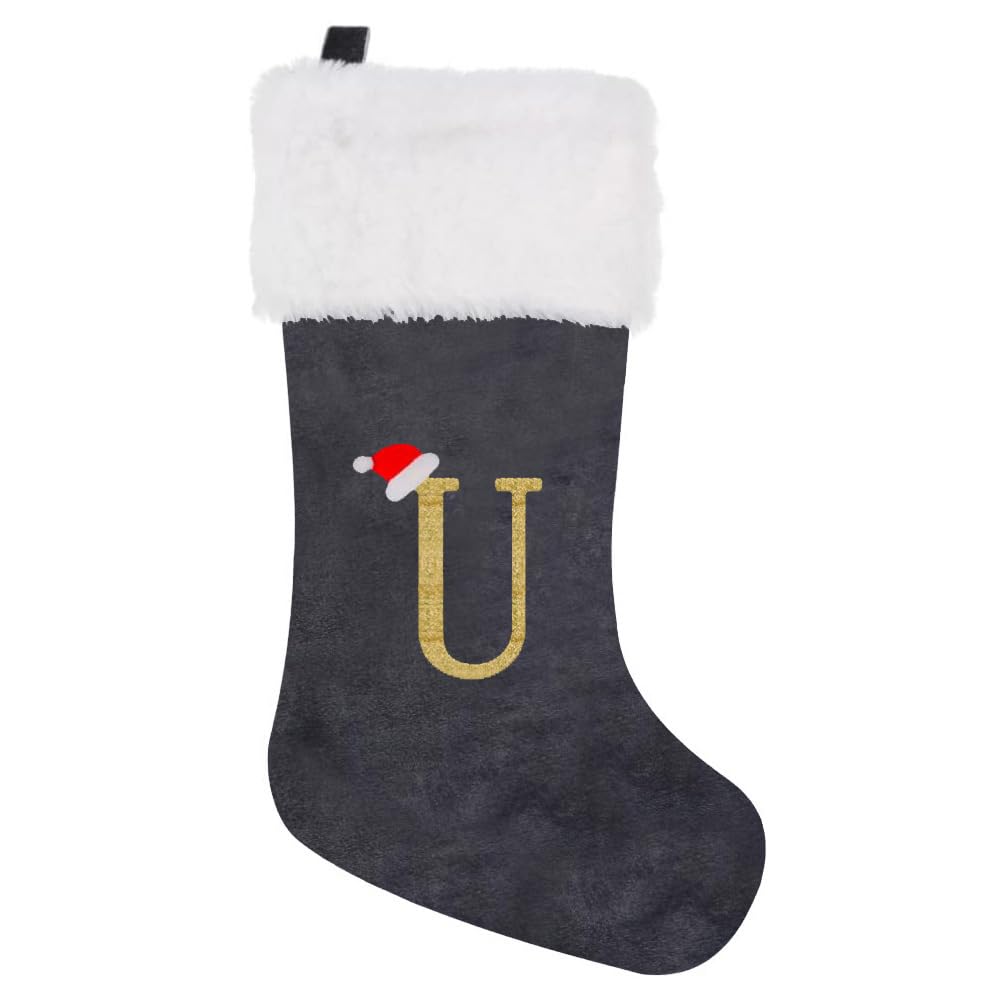 GALER 20 Inches Christmas Stocking, Personalised Christmas Stockings with Letters, Soft Initial Xmas Stocking Large Monogram Xmas Stockings Gold Name Gift for Holiday (U)