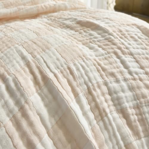 Image of SANACYNA 100% Cotton Muslin Blanket 6-Layer Gauze Cream Grid Cooling Blanket Lightweight Soft and Breathable Blanket for Sofa Couch Bed Coverlet Both Sides (Cream, Throw 50 inchx60 inch)