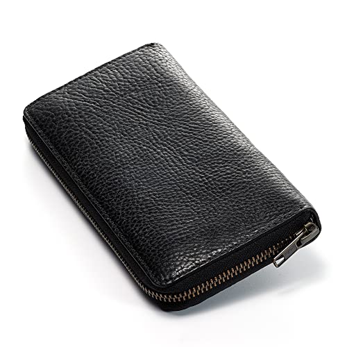 IJUN Handmade Vintage Long Wallet for Men - Full Grain Oil Vegetable Tanned Cowhide Leather (Black)