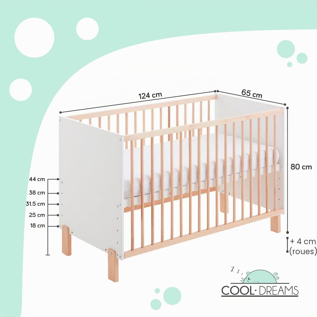 Umami lit d'appoint 120x60 + kit d'appoint + Matelas HR + Rails pour Transformer Le lit d'appoint en lit + 4 Roues CoolDreams