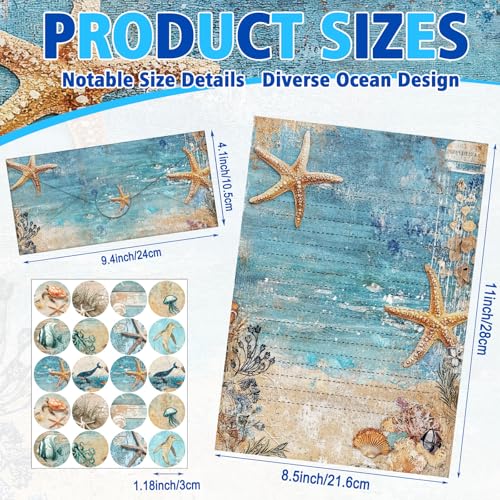 Image of TaoBary 160 Pcs Stationery Paper Bulk 50 Double Sided Stationery Papers with 50 Matching Envelopes and 60 Round Dot Sticker, 10 Design (Ocean,8.5 x 11 Inch)
