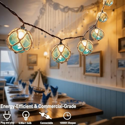 Decorative String Lights Plug in with 10 Incandescent Bulbs, Nautical Fishing Float String Lights Connectable Weatherproof for Indoor Home Tiki Bar Decor and Outdoor Patio Decorations (Aqua Blue) - Image 4