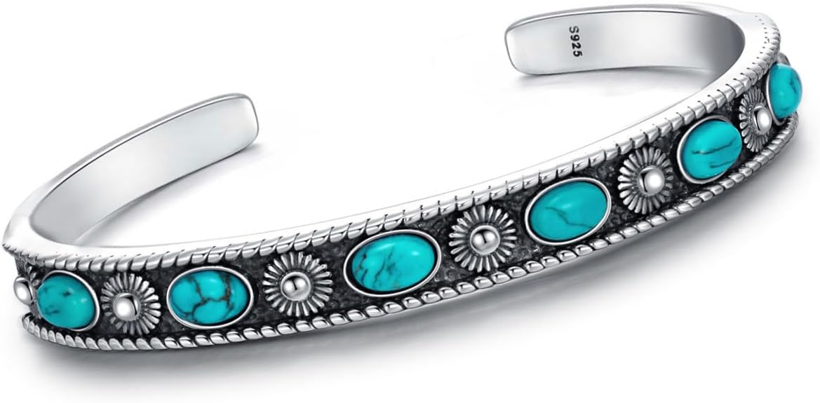 Boho Style 925 Sterling Silver Turquoise Bracelet Cuff for Women Men Native American Jewelry Adjustable Bangle 6.5 7 7.5 Inch