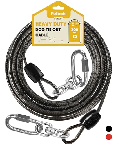 Petbobi Heavy-Duty Dog Tie-Out Cable - 30FT Extra Strong Wire Cable for Large Pets Up to 300Lbs, Rust Proof Dogs Leash with Carabiners and 360° Swivel, Pet Leads for Yard Camping Outside, Black
