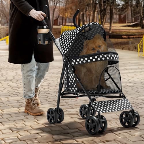 Image of Magshion Compact Fold Pet Travel Stroller for Small Dogs Cats | Up to 22lbs, 4-Wheel Lightweight Umbrella Shaped Design, Safety Tethers, Breathable Mesh, Cup Holder & Rear Storage