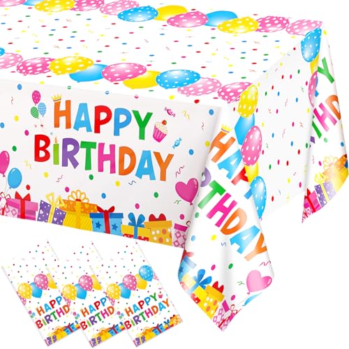 Image of WNINK 3 Pack Happy Birthday Plastic Tablecloths, 54x108 Inch Disposable Waterproof Birthday Party Table Covers, Colorful Polka Dot Rectangle Tablecloths for Kids Boys Girls Birthday Decorations