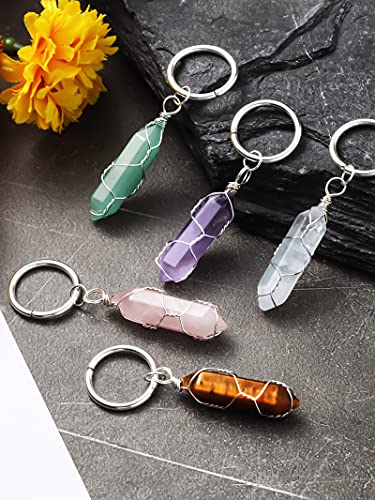 5 Pieces Crystals Stone Keychain Healing Stones Jewelry Hexagonal Crystal Keyring Quartz Pendants Keychain Quartz Crystal Healing Crystal For Women #TOP2