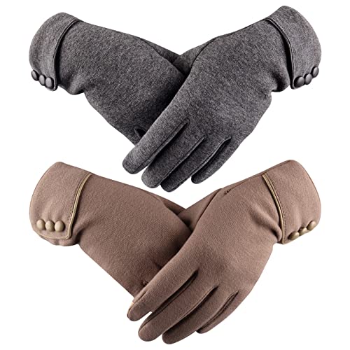 elthmpr 2 pares de guantes de invierno para mujer con pantalla táctil, guantes cálidos de felpa forrados a prueba de viento para mujer, gris, caqui., Talla única Cover