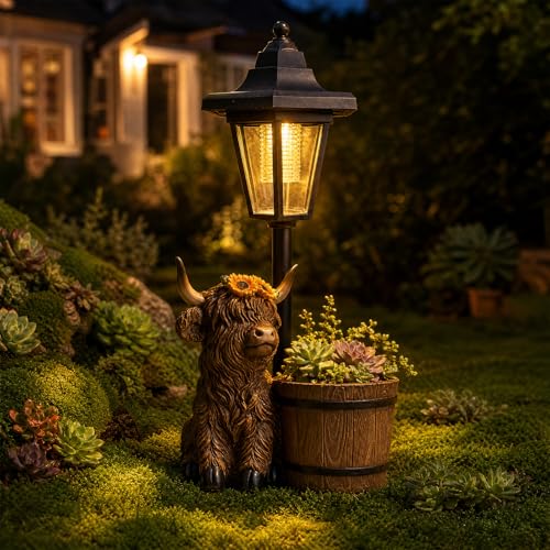 2026 Highland Cow Garden Statues with Solar Lantern Flowerpot Outdoor Decor Highland Cow Figurines Yard Art Sculptures for Patio Lawn Backyard Porch Ornaments Yard Ornament- Moms Day Birthday Gift
