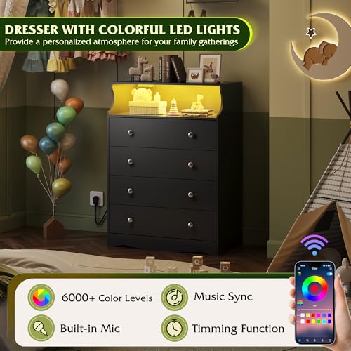 WLIVE Black LED Dresser for Bedroom, Tall Wood Dresser with 4 Drawers and Open Shelf, Chest of Drawers with Charging Station and LED Lights for Living Room, Hallway, Closet
