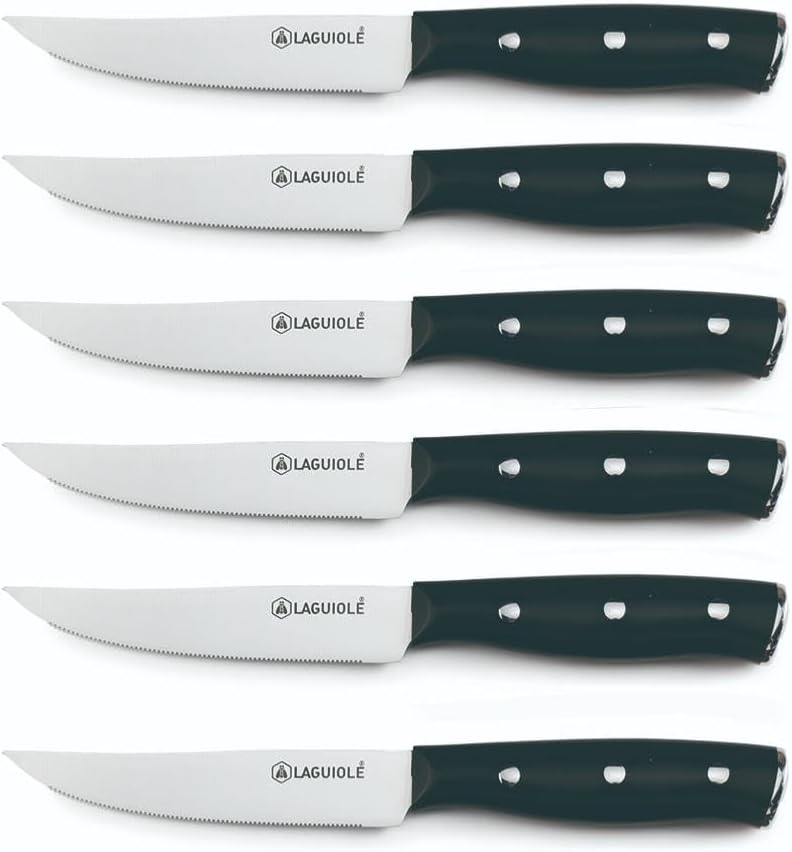 LAGUIOLE, Set of 6 Black Gleam Steak Knives - 3CR13 Steel Blade, Ergonomic ABS Handle, Exceptional Sharpness, Hardness 53 HRC, 22.3cm, Mirror Finish, Black