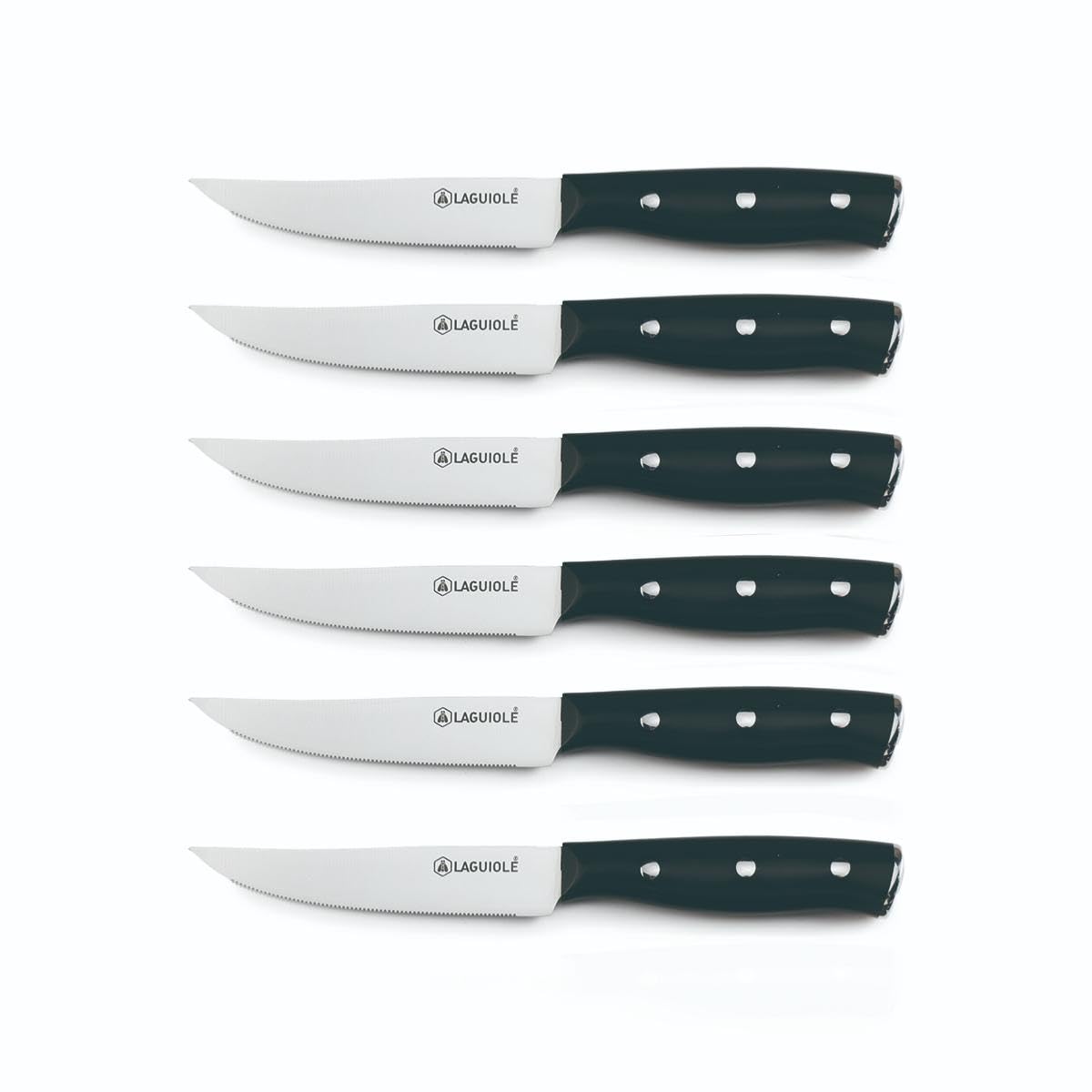 LAGUIOLE, Juego de 6 Cuchillos para Carne 'Gleam' Negros - Hoja de Acero 3CR13, Mango Ergonómico de ABS, Nitidez Excepcional, Dureza 53 HRC, 22,3 cm, Acabado Espejo, Negro