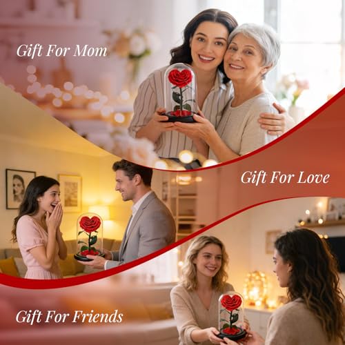 Rosa roja preservada en forma de corazón con cúpula de cristal miniatura 6