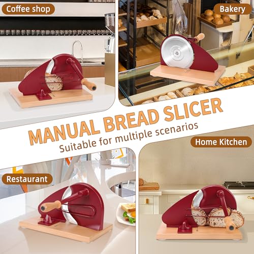 Image of CAWIU Upgraded Manual Bread Slicer for Homemade Sourdough Round with Cover | Adjustable Thickness Sourdough Bread Slicer, Bread Cutter with Hand Crank, Slicing Guide, Scale Line for Even Slices, Red