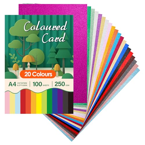 Aodaer 100 Sheets Glitter Cards A4 Coloured Glitter Card Stock 250 GSM Thick Sparkle Shiny Card Paper 20 Assorted Colors Handmade Origami Paper for DIY Crafting Scrapbooking Office Printing