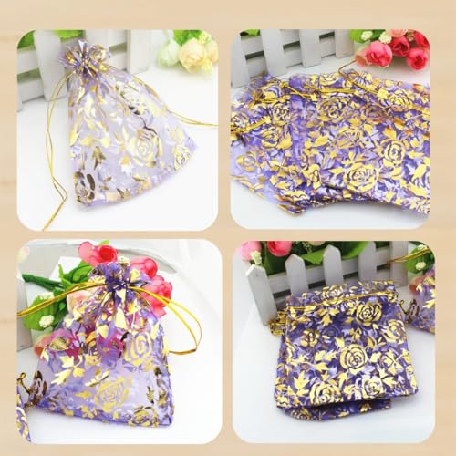 Image of QIANHAILIZZ 100 pcs 3.5 x 4.7 Inch Flower Heart Organza Jewelry Gift Pouch Candy Pouch Drawstring Wedding Favor Bags X92 (lilac gold flower)