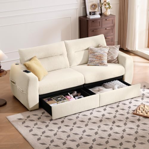Image of 88.6 inch Modern Storage Loveseat Sofa, Small Couches for Living Room, Beige | Corduroy, USB Charging, Pull-Out Storage, Deep Seat, Comfy Love Seat for Small Spaces, Apartment, Bedroom, Dorm, Office