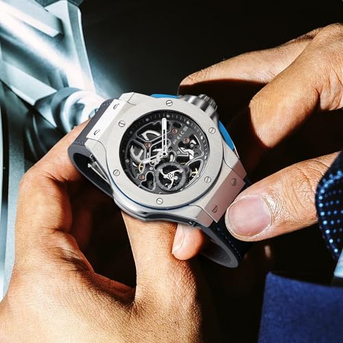 Image of FEICE Skeleton Automatic Watch Men Analog with Stainless Steel Sapphire Mirror Black Silicone Strap FM701, Silver, Modern