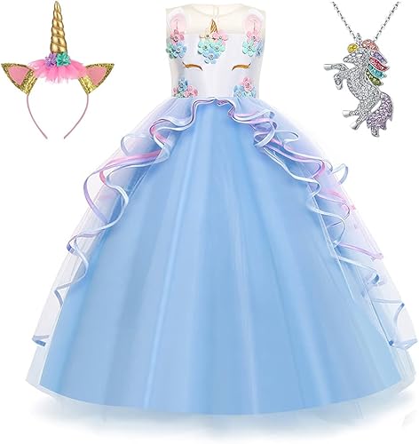 Miniatura 1 de Yipkorra Vestido de unicornio para niñas, disfraz de unicornio para concurso, fiesta de princesa, vestido largo de cumpleaños con diadema y collar