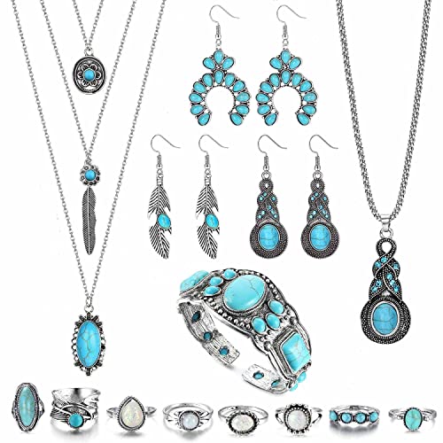 Diamday Bijoux Turquoise Vintage Bohème pour Femme，Sautoir Turquoise Boho, Collier Turquoise Boucles d'oreilles Vintage Turquoise Déclaration Boucles d'oreilles Boho Bracelet de Bijou