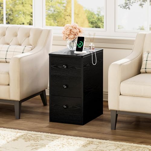 Image of LIKIMIO Nightstand with Charging Station, Narrow Bedside Table with 3 Drawers, End Table with USB Ports and Outlets, Side Table for Living Room /Bedroom Modern