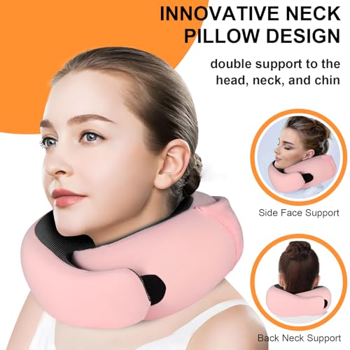 Image of Travel Pillow - Hooded Neck Pillow Airplane Memory Foam Filling for Plane, Office, Cars Sleeping, Road Trip, Long Flights, Airplane Travel Essentials, Includes Eye Mask & Earplugs (Pink)