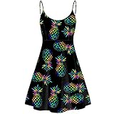 Coloranimal Sexy Summer Adjustable Spaghetti Straps Black-Pineapple Elegant Casual A-line Suspender Skirt Fashion Sleeveless Beach Club Party Swing Sundress Flowy Short Dresses