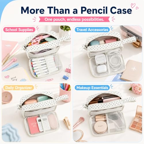 Image of Bluboon Big Capacity Pencil Case Pencil Pouch Pen Case School Supplies Cute Pencil Box Pencil Bag for Teen Girls Boys Women Man (Black dots - White)