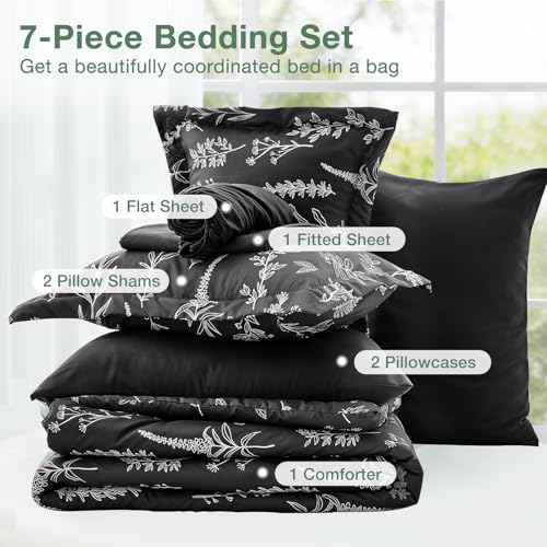 Image of MUXHOMO Black King Comforter Set, Elegant Floral Print Bed in a Bag 7 Pieces, Ultra Soft & Breathable Reversible Botanical Pattern Bedding Set with Comforter, Sheets, Pillowcases, and Shams