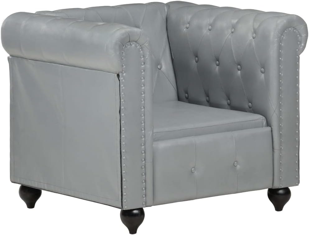 vidaXL Sillón Chesterfield Asiento Silla Relajante Interior Exterior Casa Hogar Oficina Comodidad y Sofisticación de Cuero Auténtico Gris
