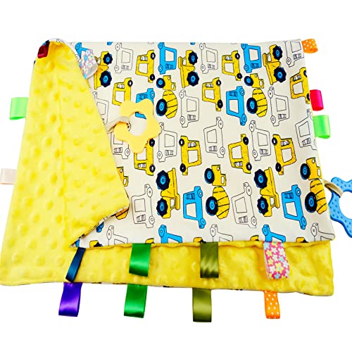 Baby Security Blanket for Unisex, Yellow Car Baby Lovey Taggy Blanket with Minky Dot Fabric, Soft & Breatable Lovie Baby Gifts for Boys Girs, 21 * 18 inch