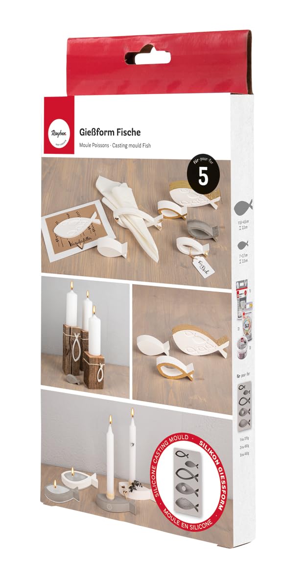 Rayher Silikon Gießform Fische, Form mit 5 Einzelmotiven, Formgröße 14,5 x 26 x 2,5 cm, Ausgießen mit Kreativ-Beton, Schmuck-Beton, Raysin-Gießpulver, Gießharz, Wachs, 36173000