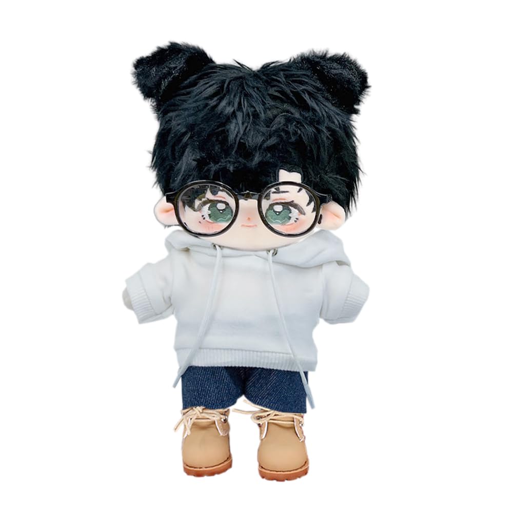 niannyyhouse Luźna, solidna bluza z kapturem, dżinsy, okulary, wysokie skórzane buty, 10 cm, 15 cm, 20 cm, pluszowe ubrania dla lalek, miękkie, wypchane, pluszowe akcesoria do przebierania, a2, 20 cm